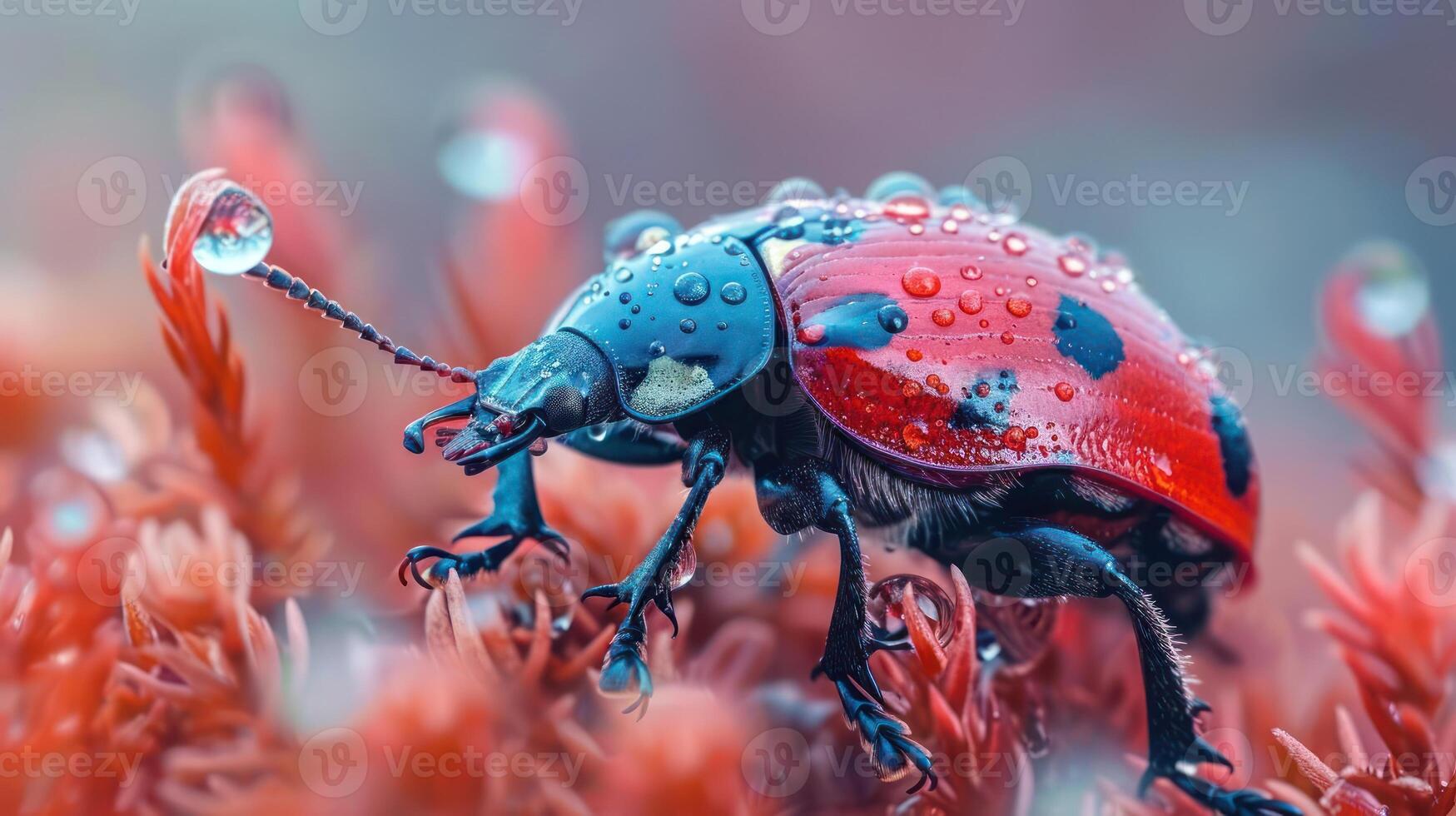 captures the delicate moment of raindrops falling onto the red and black wings of a ladybug. photo