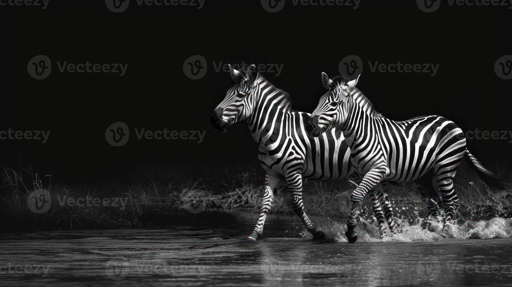 Two zebras galloping near a body of water under a dark sky. photo