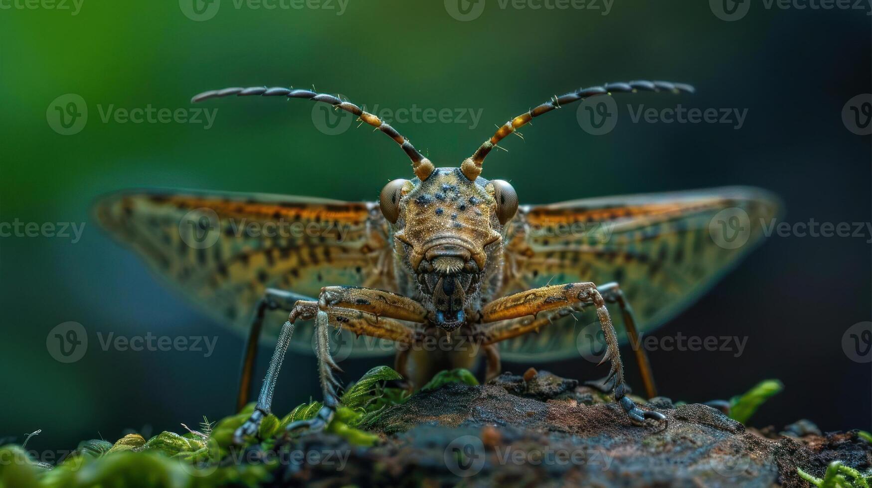 A close-up photo of a green and brown stag beetle perched on a mossy tree stump with its mandibles o
