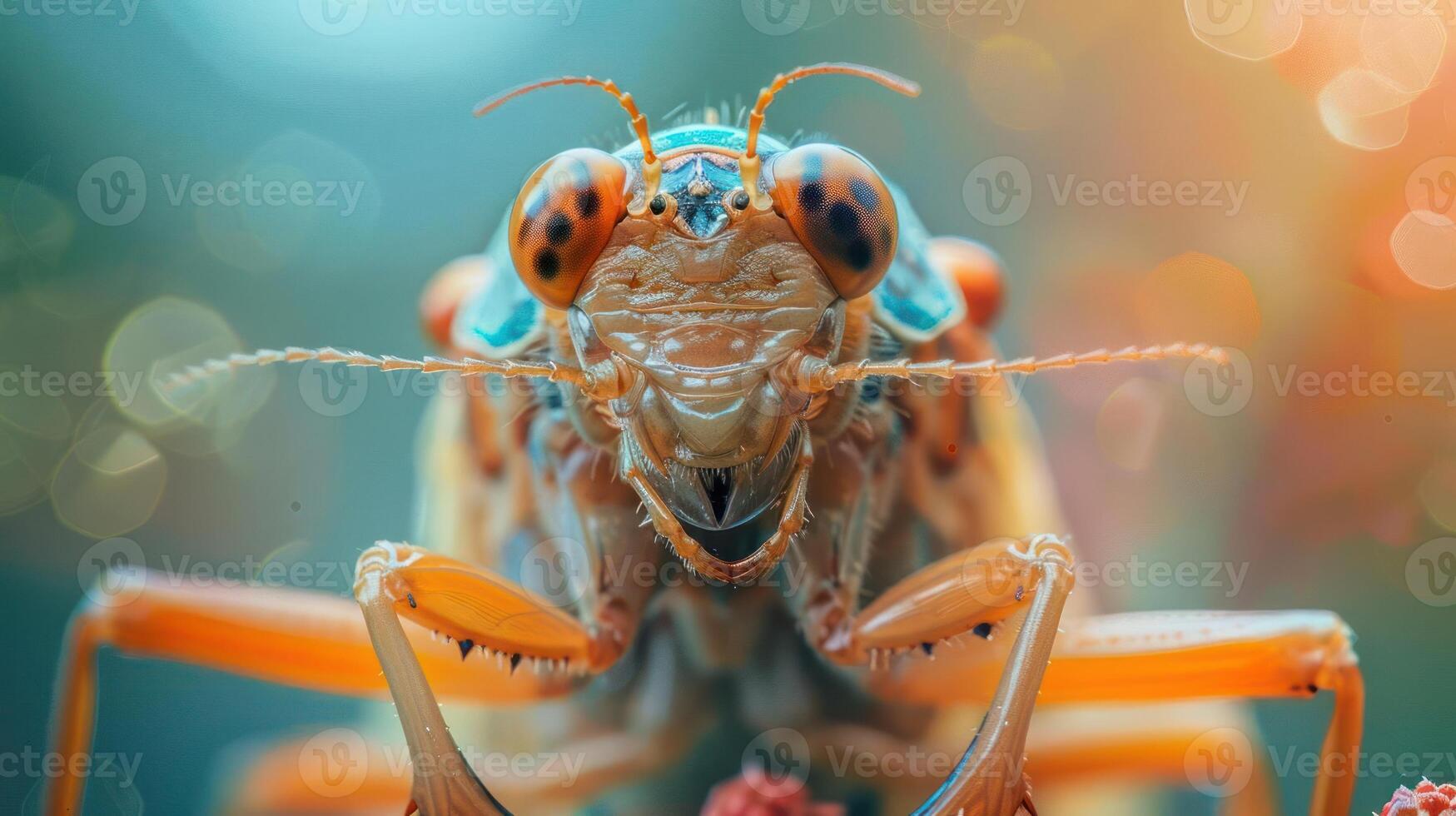 A vibrant red-headed insect, possibly a cicada or a similar species, photo
