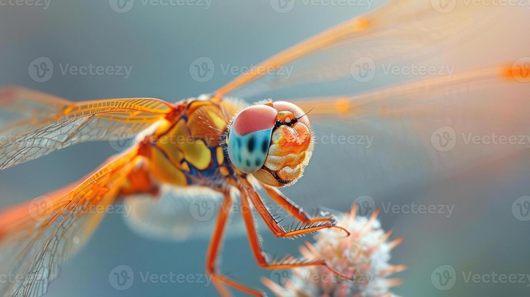 An orange and blue dragonfly with a red head is captured mid-flight over some flowers. photo