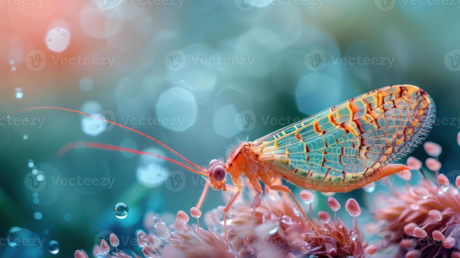 A close-up, colorful image of a ladybug on a flower. The bug is vividly colored with red, yellow, photo