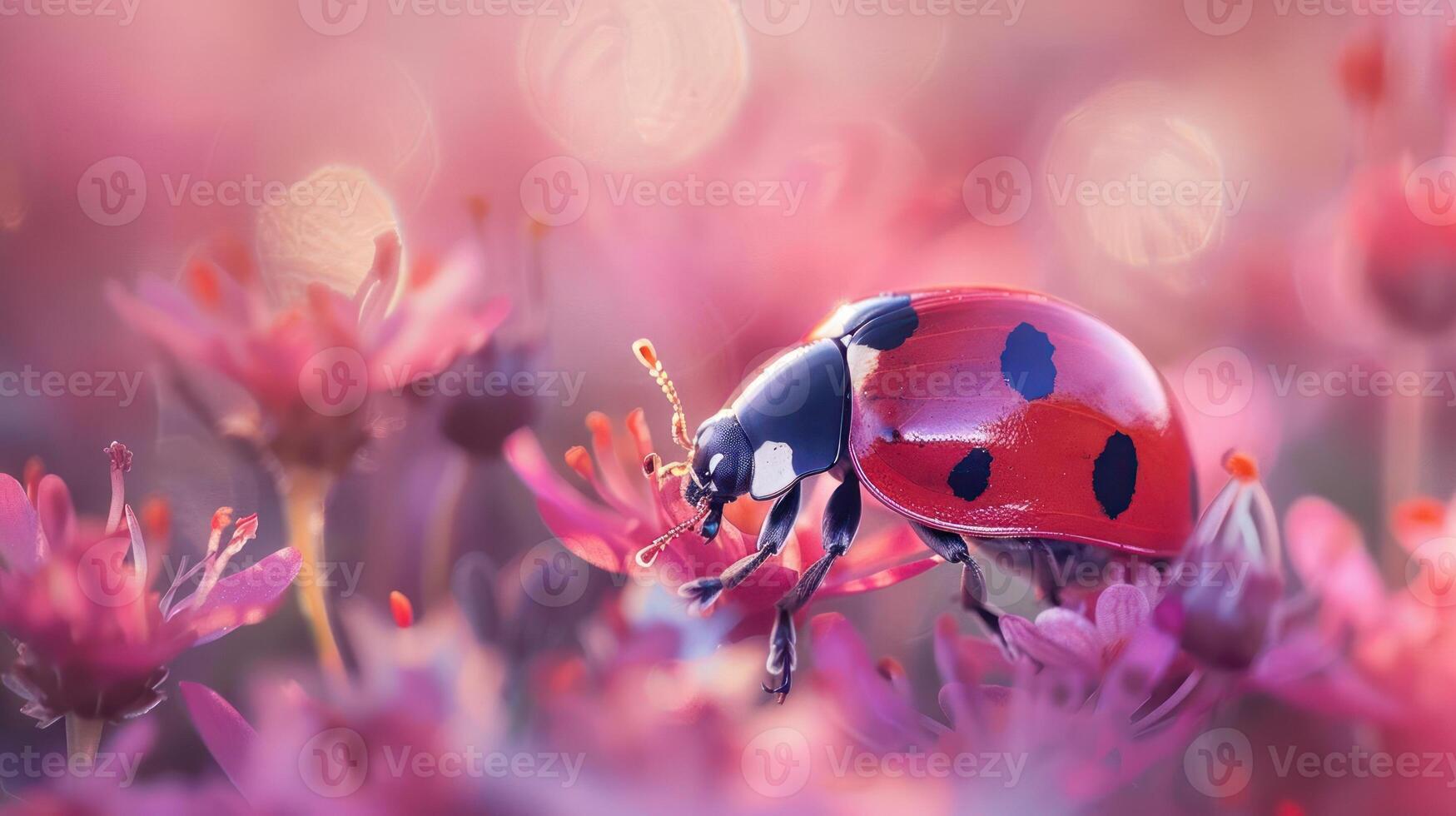 A charming image of a red and black ladybug standing amidst vibrant pink flowers, photo
