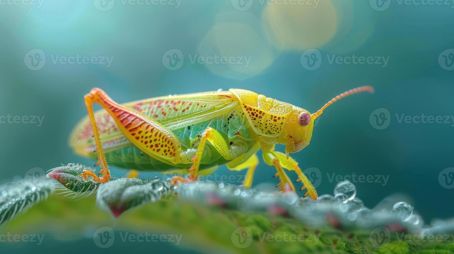A green and brown bug standing on a leafy surface, surrounded by droplets of water. photo