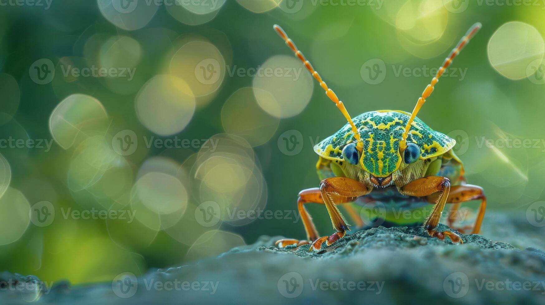 Green and orange ladybug with white spots, perched on a rock surrounded by blurred bokeh background. photo