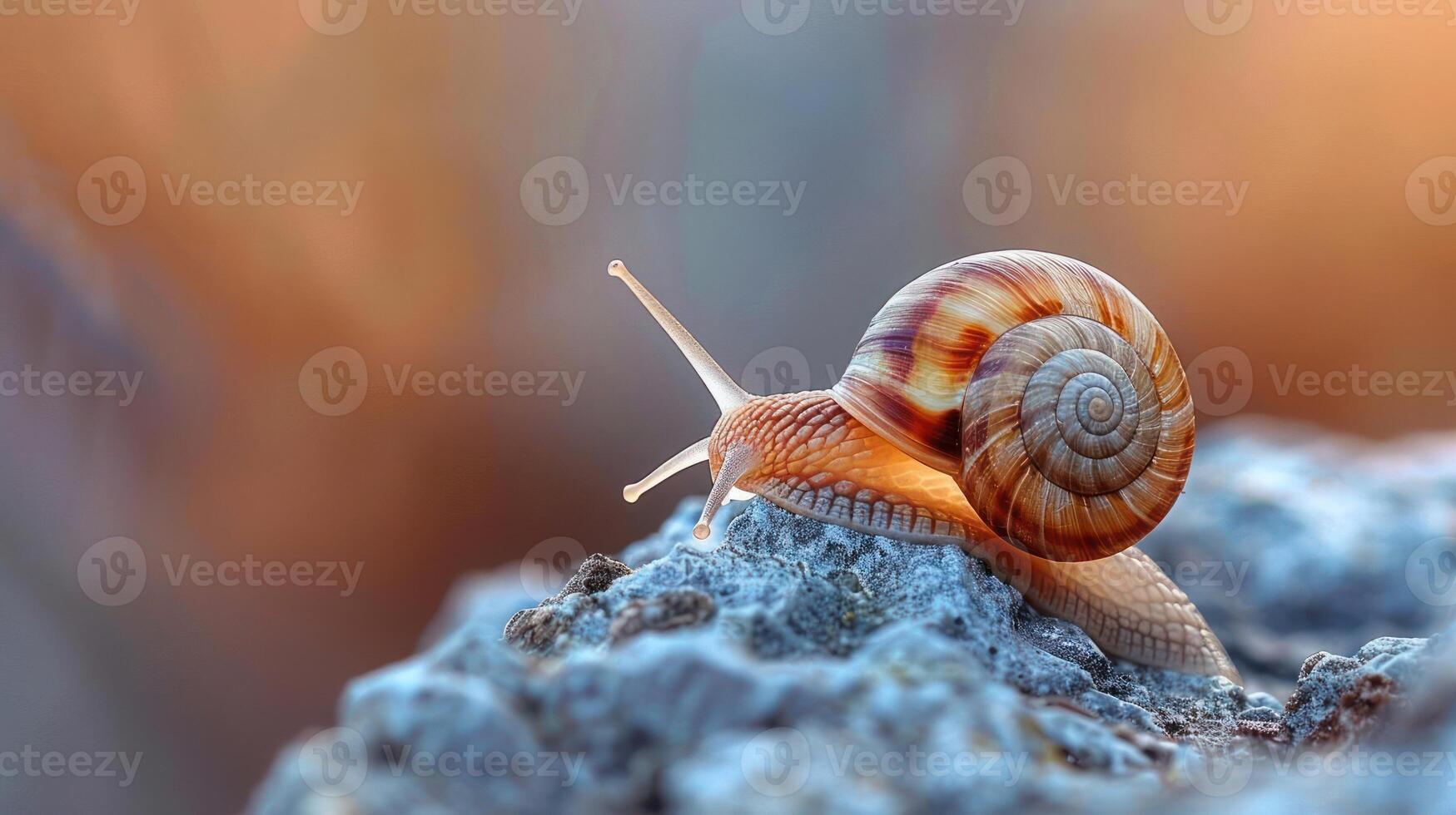 A close-up of a snail climbing up a rock with brown shell and pinkish inside, near sunset. photo