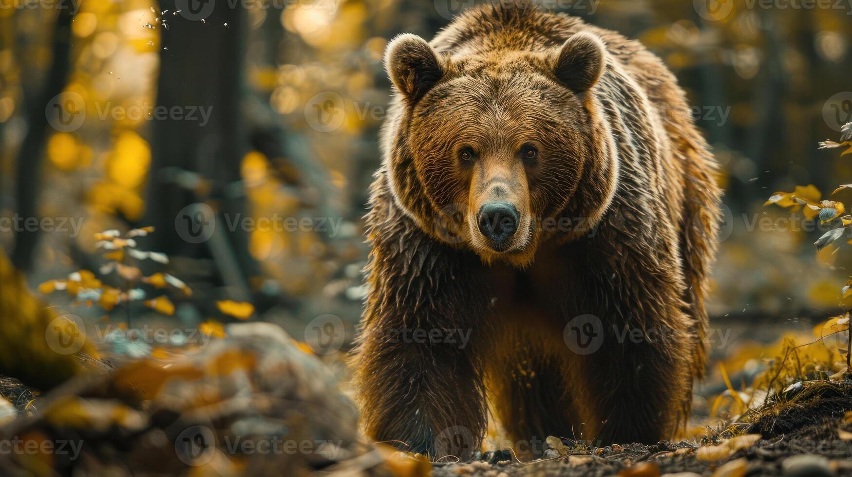A large brown bear walks through a forest with fallen leaves, photo
