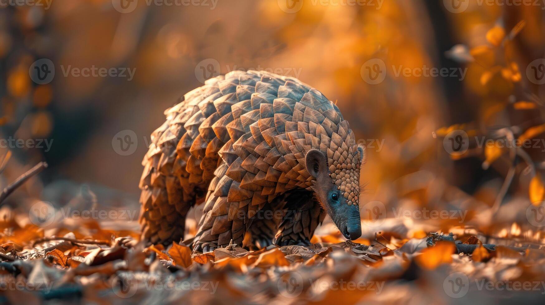 A pangolin walking through a forest with fall leaves, photo