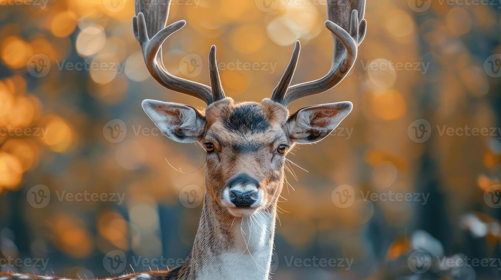 A majestic deer in full antler regalia stands proudly against a backdrop of an autumn forest, photo