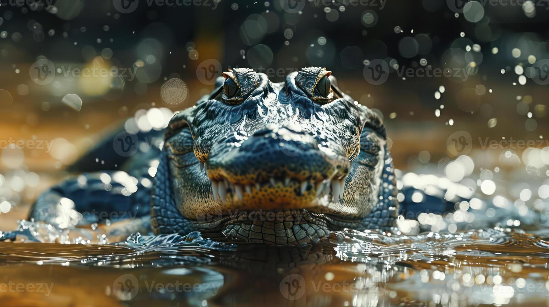 An alligator is partially submerged, swimming on top of a body of water with ripples. photo