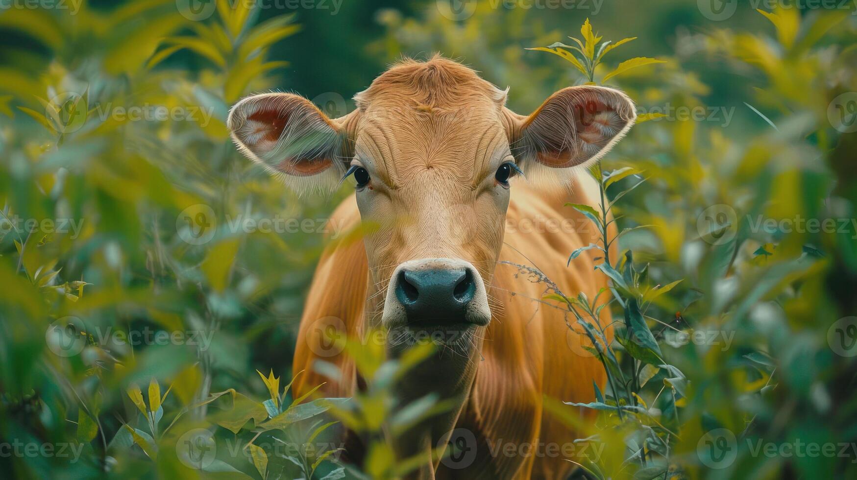 A brown cow standing in a lush, green field with its face peeking through the tall grasses. photo