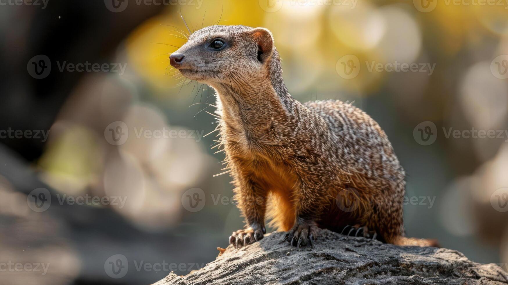 Cute little animal perched on stone, looking cautious. photo