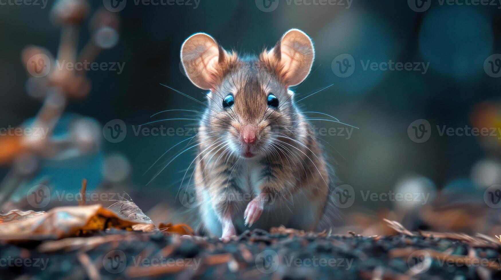 A cute mouse is looking at you with bright eyes in a natural setting. photo