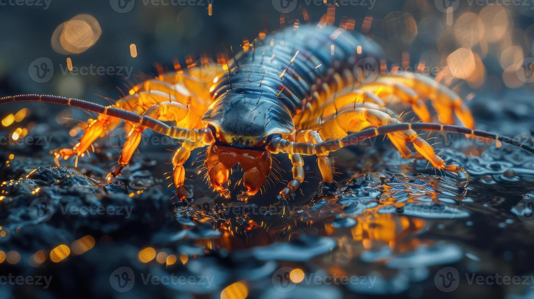 A bug bursts into a bright, fiery explosion of flames on the ground in a dark setting. photo
