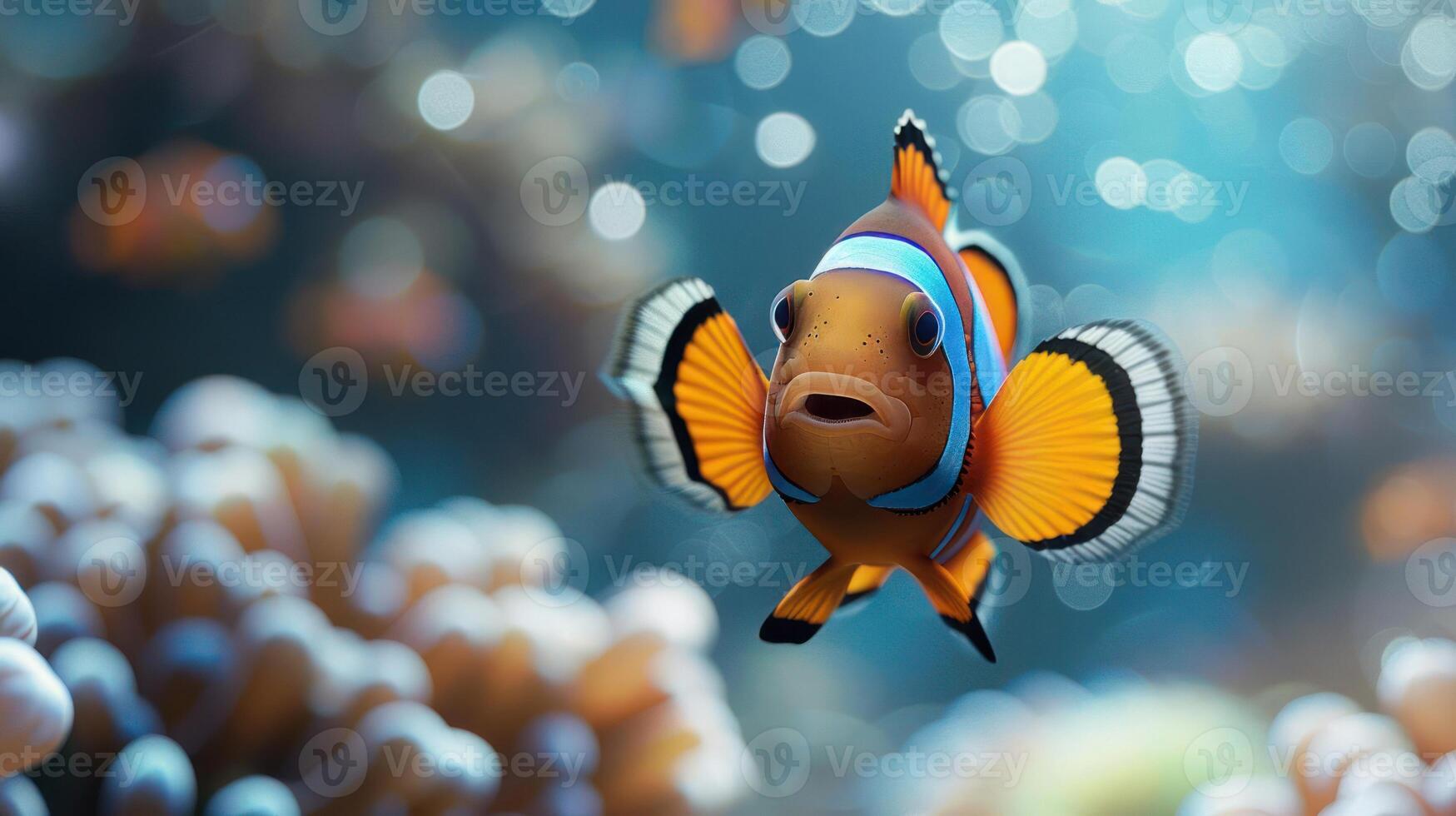 A close up of a clownfish in the ocean, surrounded by underwater coral and marine life. photo