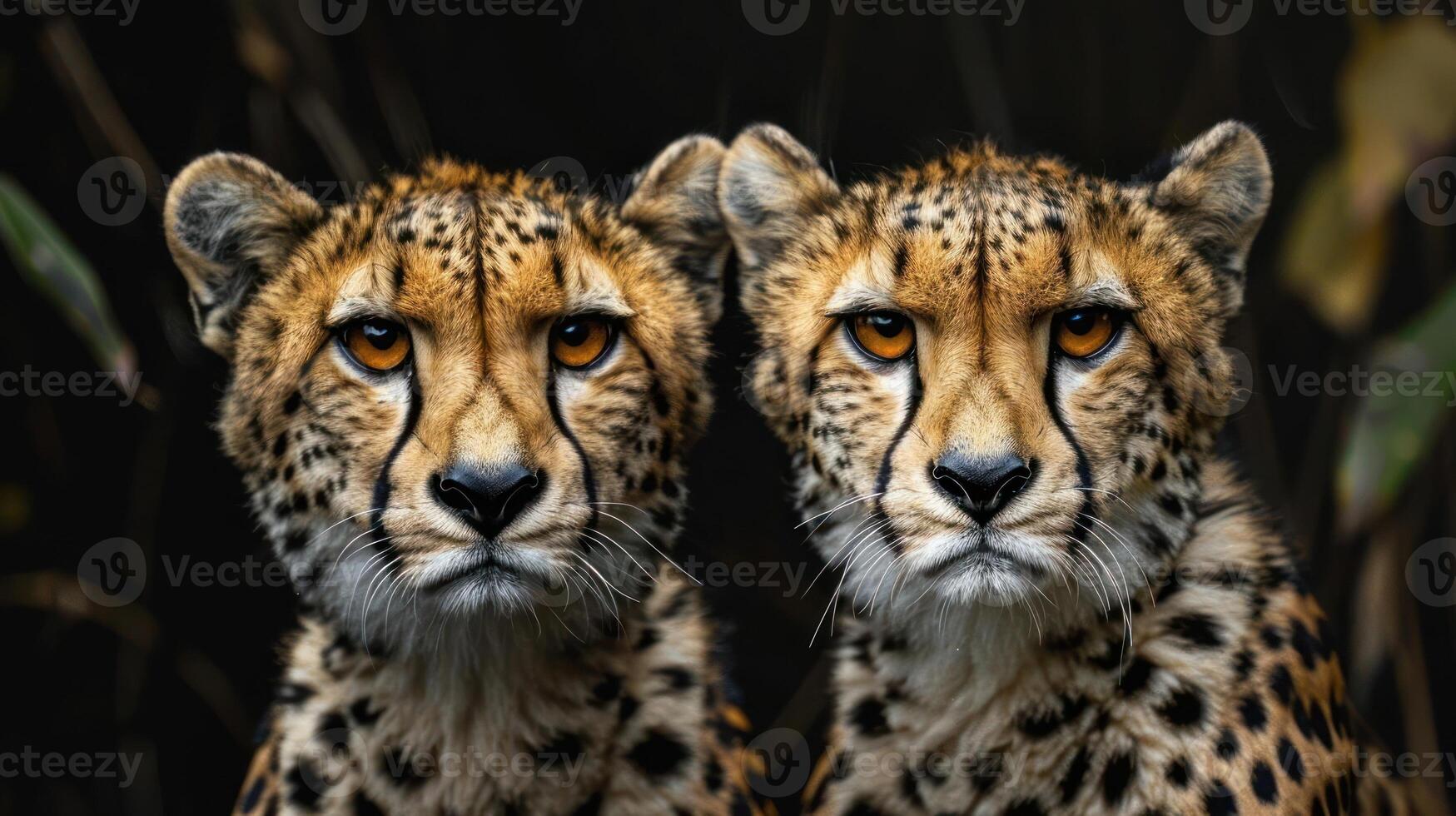 Double portrait of a cheetah with identical expressions, set against different backdrops. photo