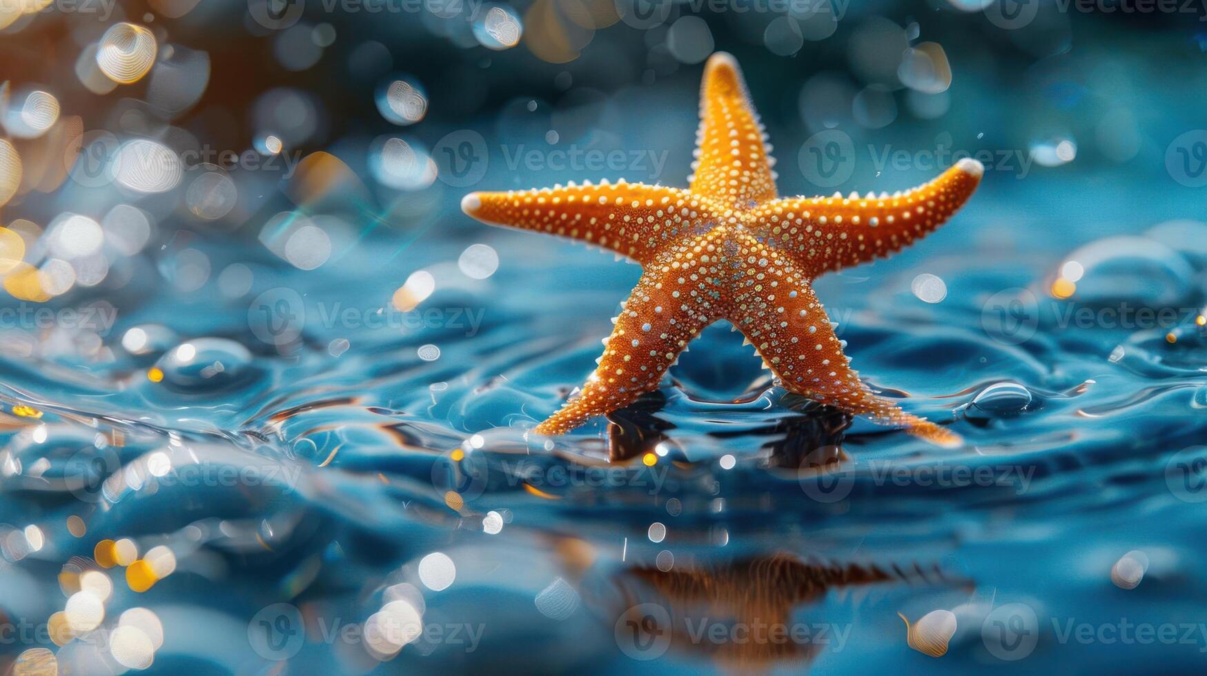 A starfish surrounded by water droplets in the rain. The starfish is close to a body of water. photo