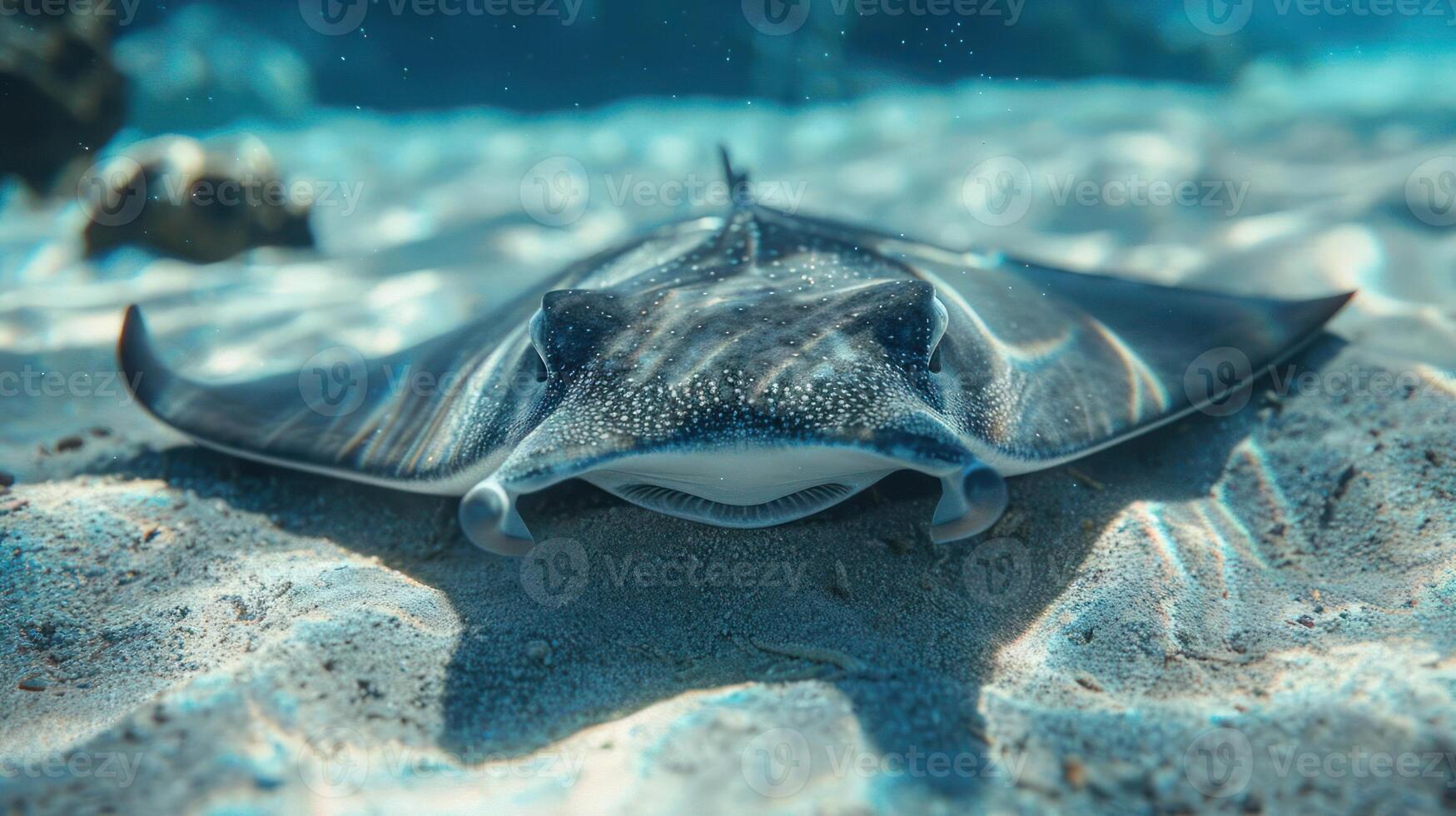 A stingray is swimming in shallow ocean waters. photo