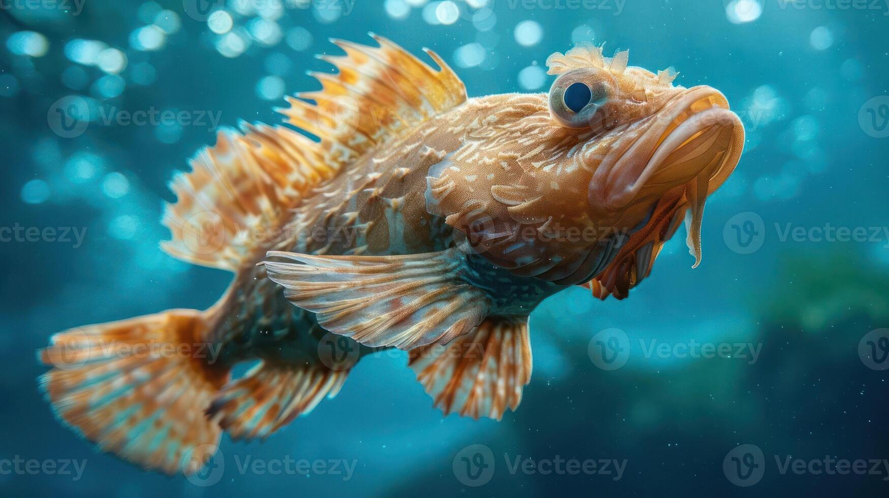 A vividly colored tropical fish swimming underwater amidst natural coral formations and clear blue w photo
