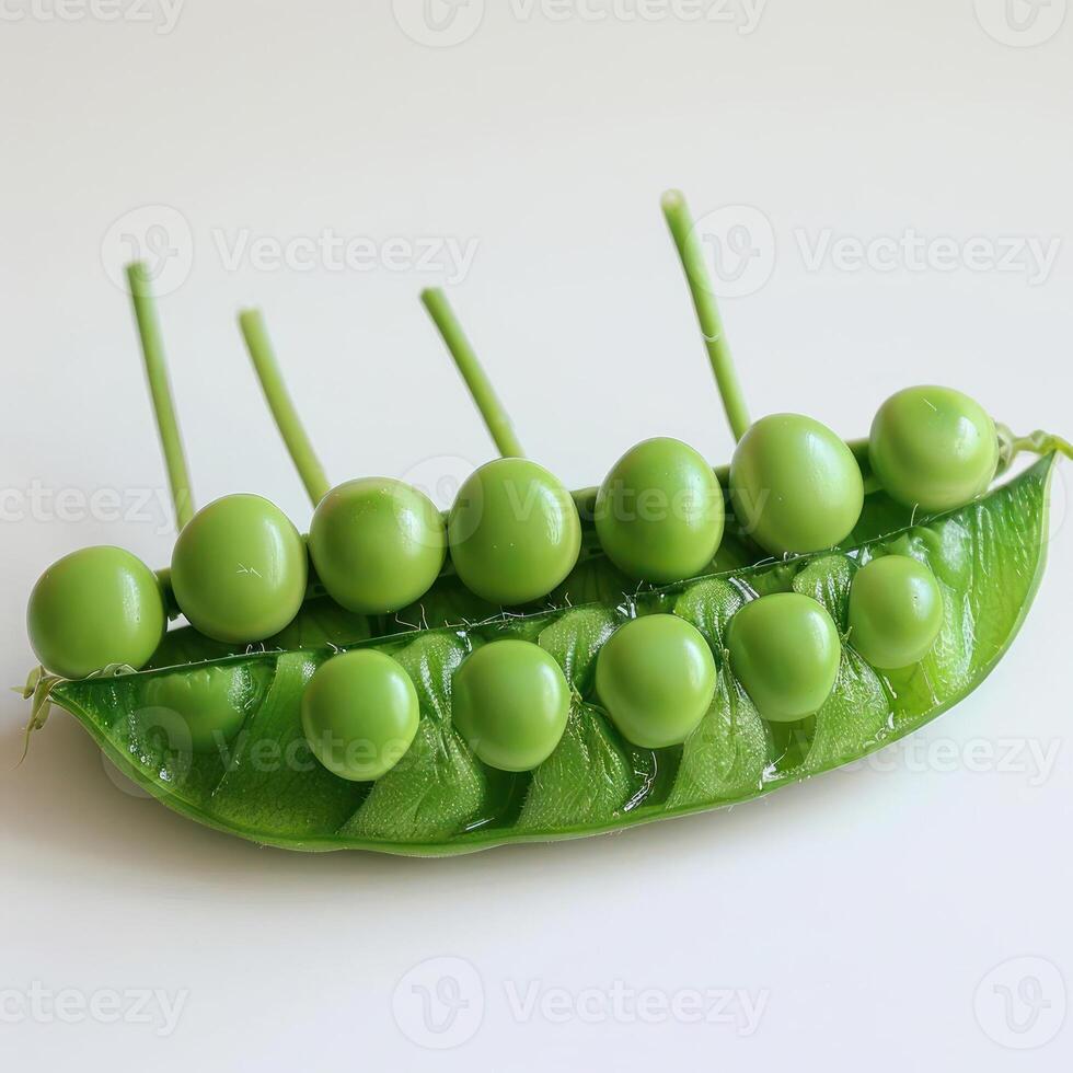 displays a pea pod that has been cut open and arranged to hold several green peas. photo