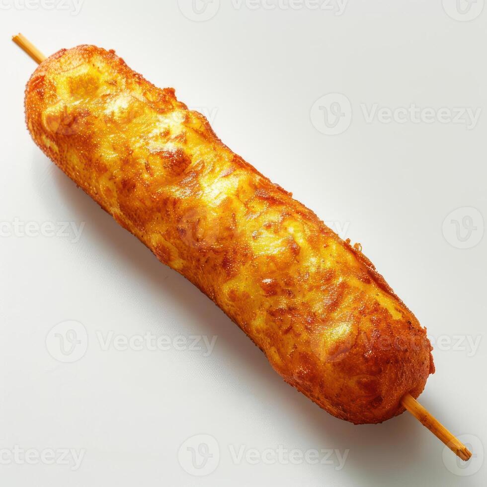 A tasty-looking golden brown toasted sausage on a wooden stick, photo