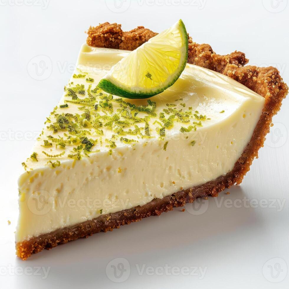A cheesecake pie with a lemon wedge garnish on top. photo