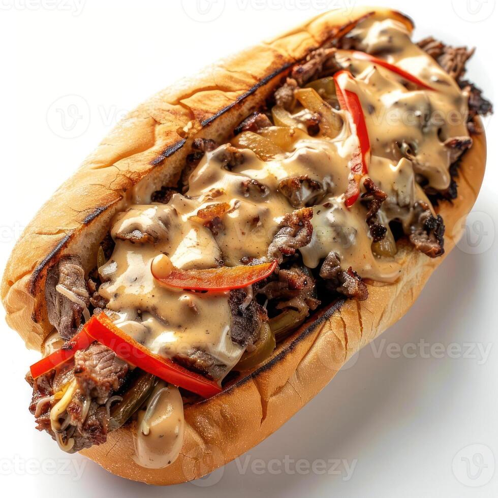 Half of a foot long chicken sandwich with meat sauce, green peppers and sliced jalapenos. photo