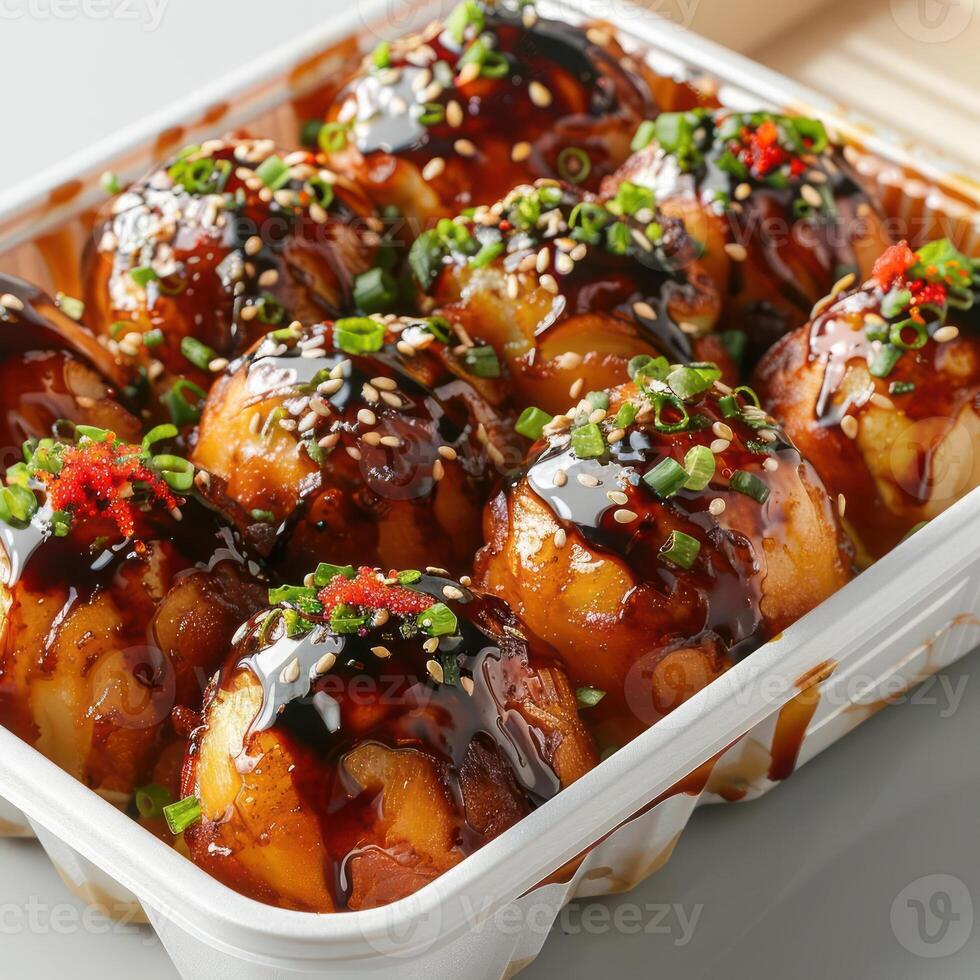 A dish of chicken karaage coated in a rich, sweet and savory sauce. Served with sesame seeds, photo