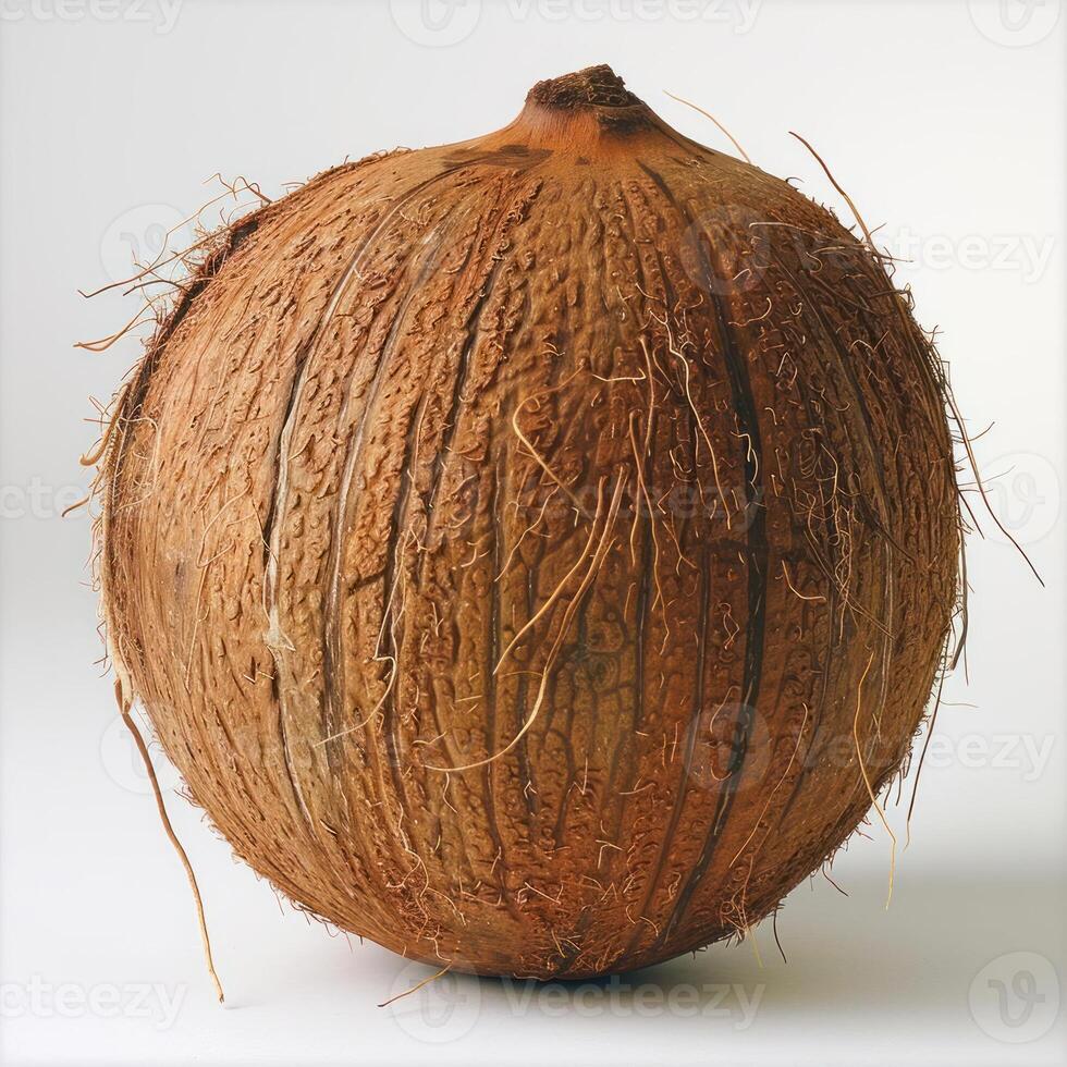 A single brown coconut fruit with visible spots and textures. photo