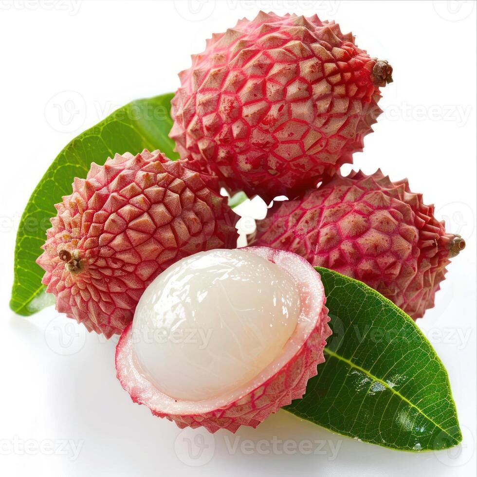 Fresh rambutan fruit with its gelatinous seed exposed, ready for consumption. photo