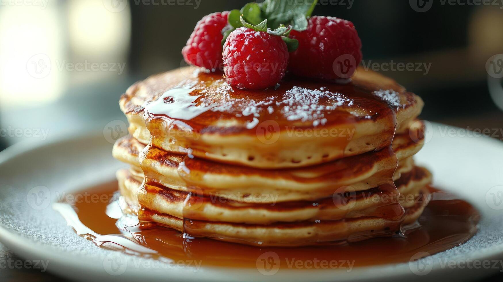 A stack of golden pancakes drizzled with syrup and topped with a fresh berry slice, photo