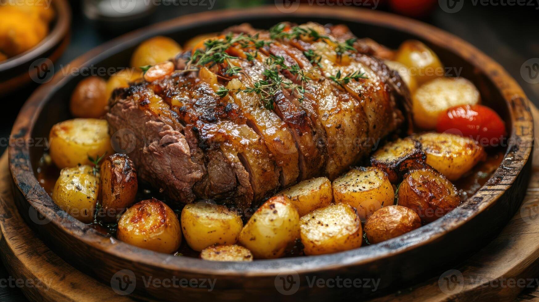 Sliced roasted meat with mashed potatoes, fresh vegetables on a platter. photo