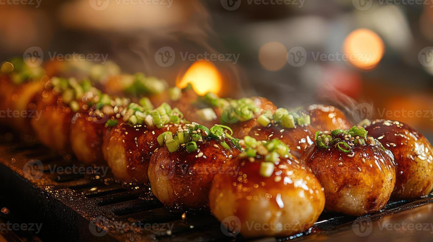 Sushi skewers being grilled over a charcoal-fueled BBQ. photo