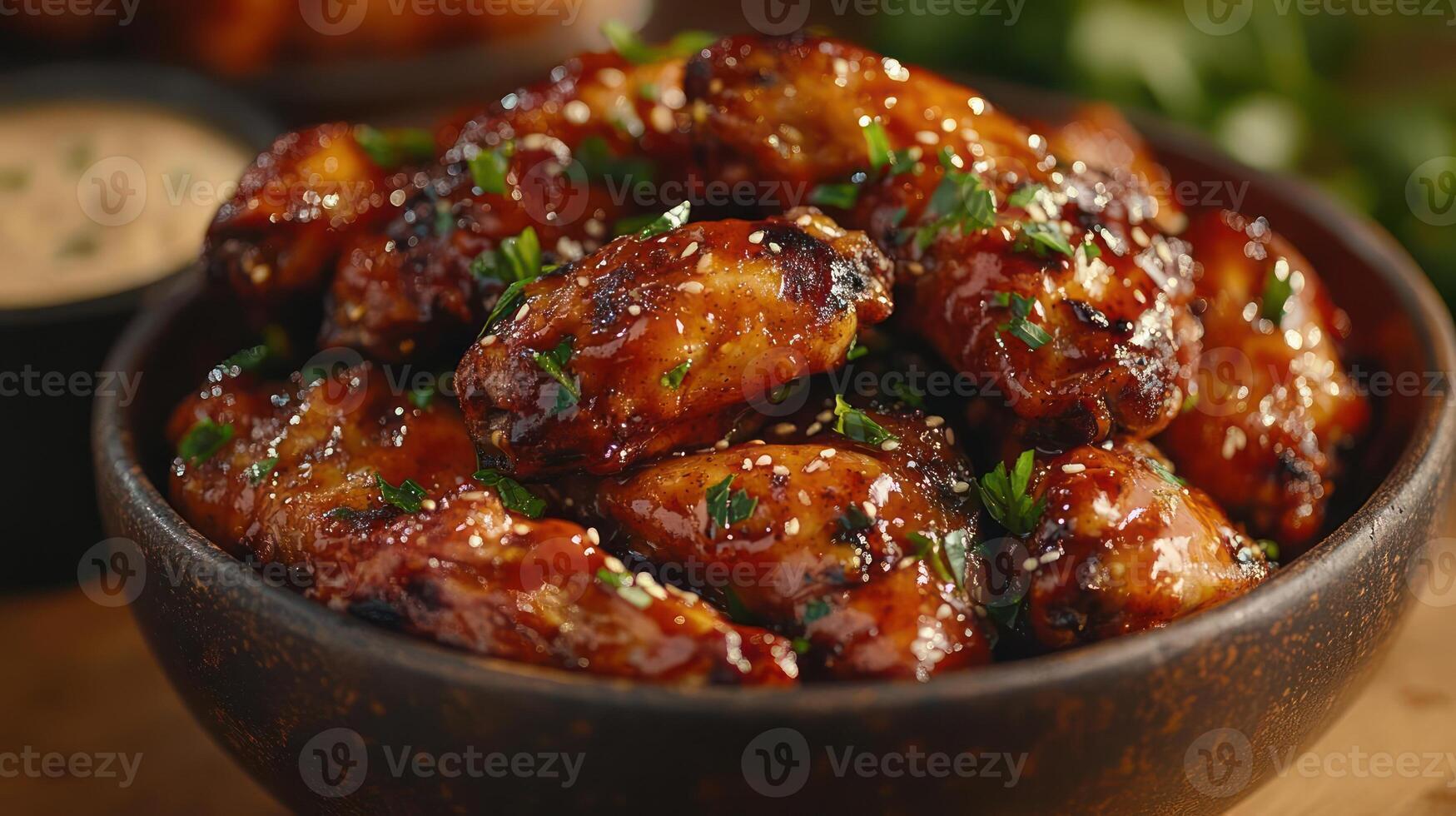 A bowl of buffalo chicken wings, garnished and ready to eat. photo