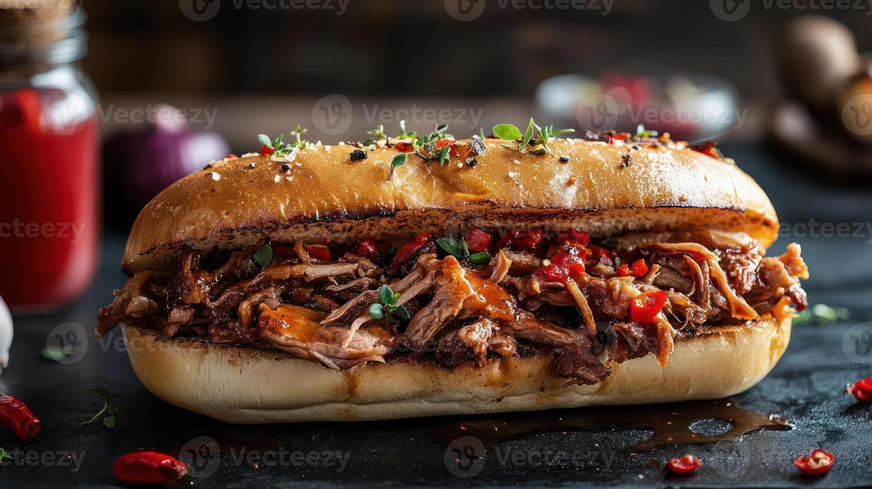 Delicious-looking sandwich with toppings like meat, cheese, and sauce, photo