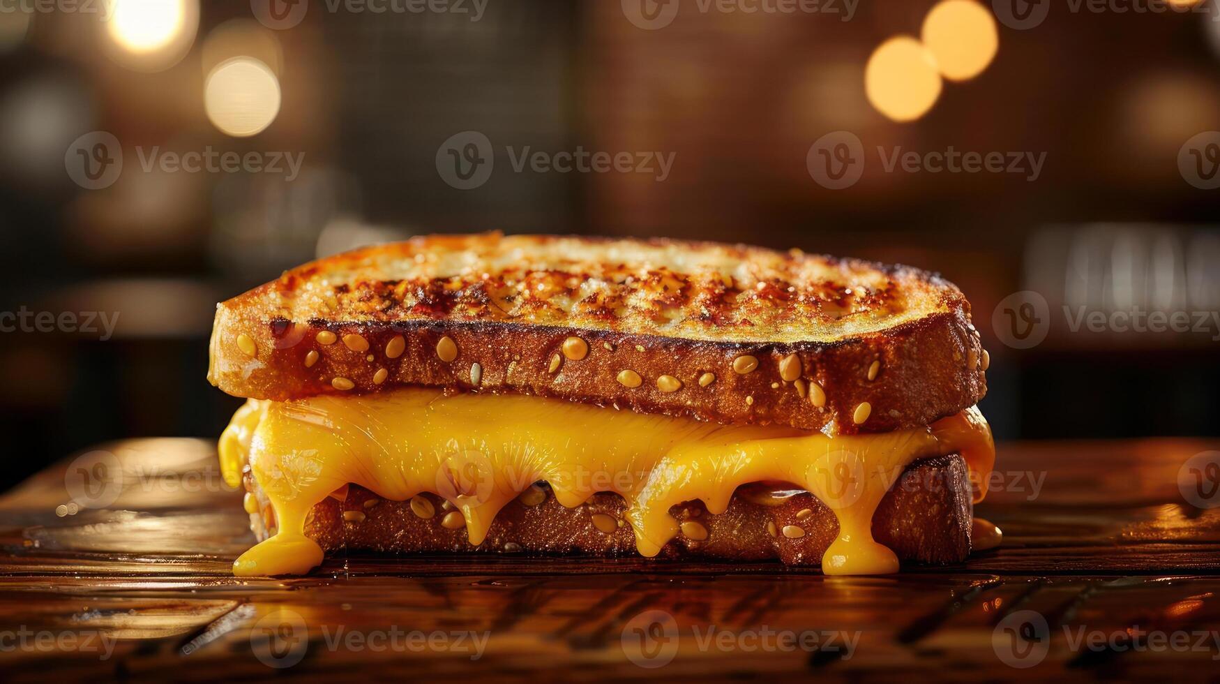 A tasty golden toasted grilled cheese sandwich with melted cheese oozing out of it, photo