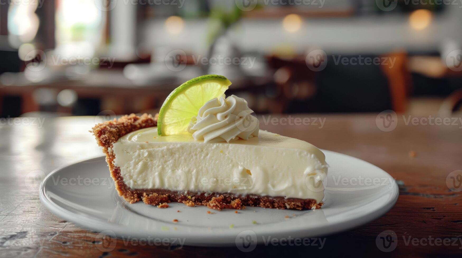 A slice of pie topped with whipped cream, a sliced lemon , ready for serving. photo