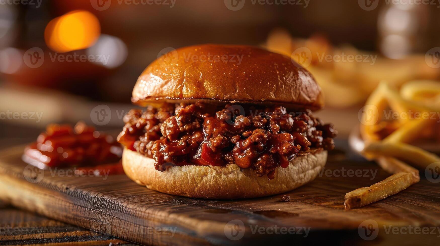 A delicious barbecue sandwich with a side of fries on a wooden table. photo