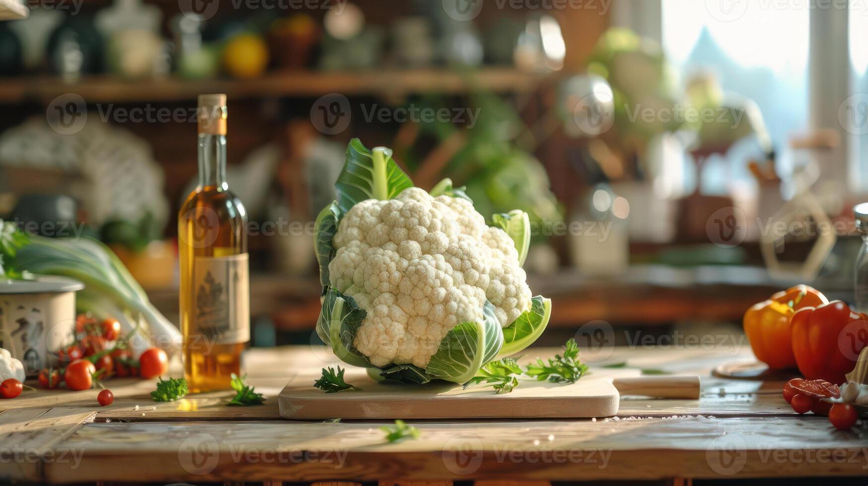 Fresh cauliflower on a wooden table, surrounded by herbs and spices. photo