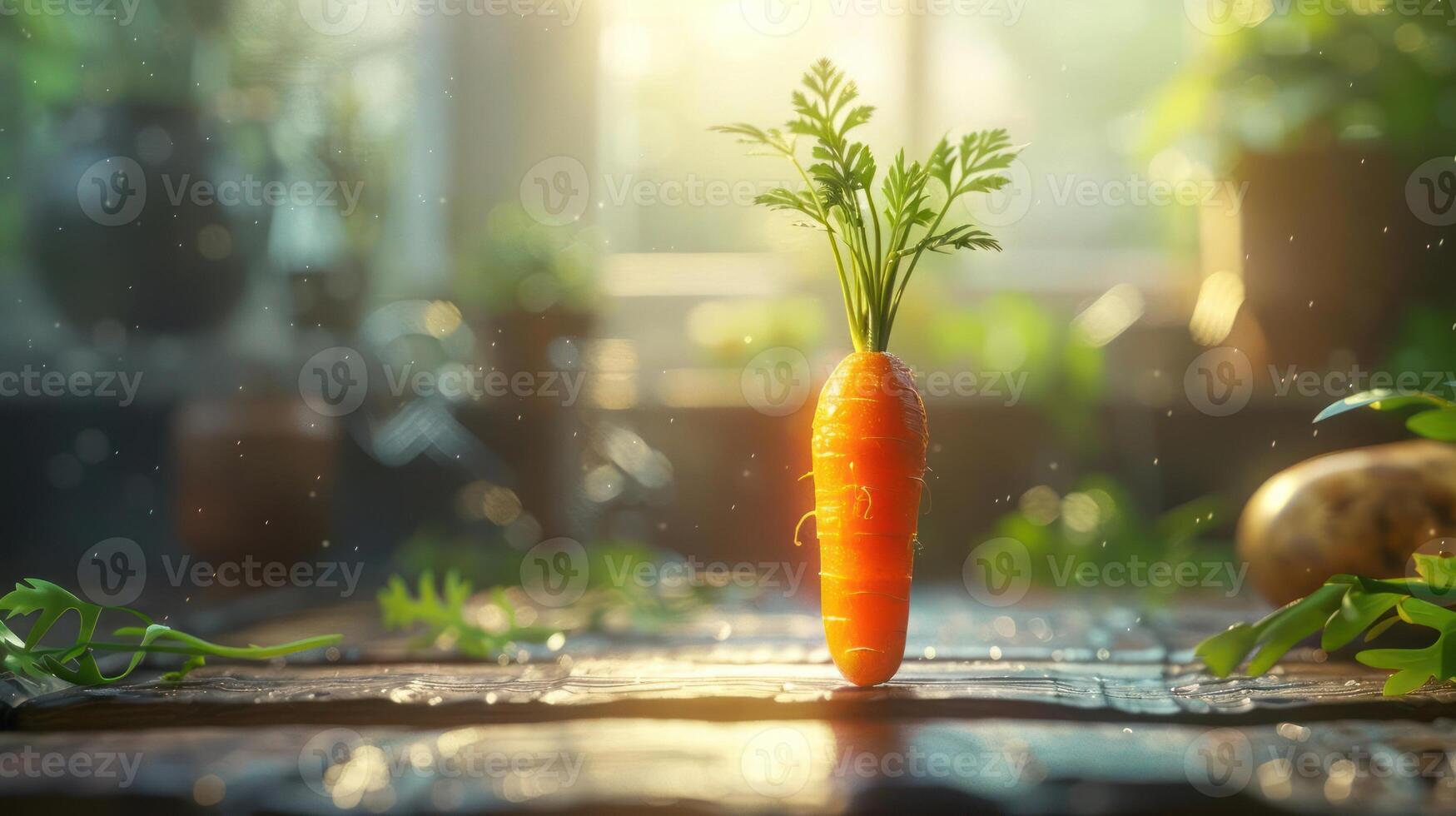 A vibrant carrot is the centerpiece of a lush, green vegetable farm. photo