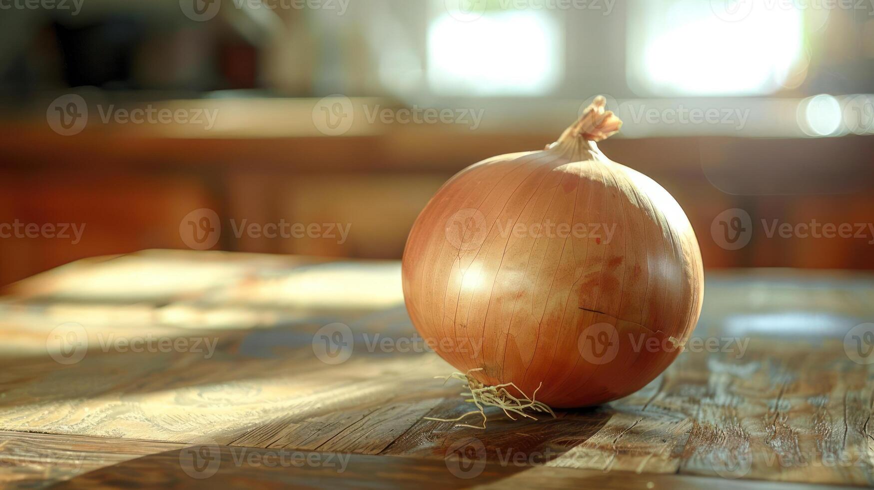 A single onion sits on a table, surrounded by a wooden surface. photo