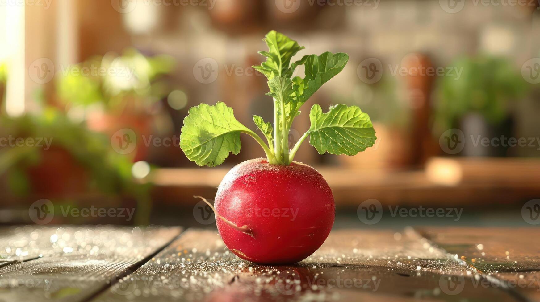 A single red radish with a green stem sitting on a wooden surface. photo