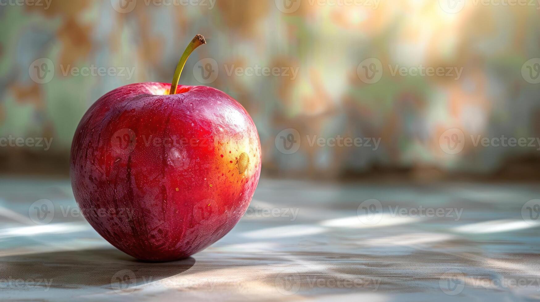 A red apple with a few bruises, sitting on a counter. photo
