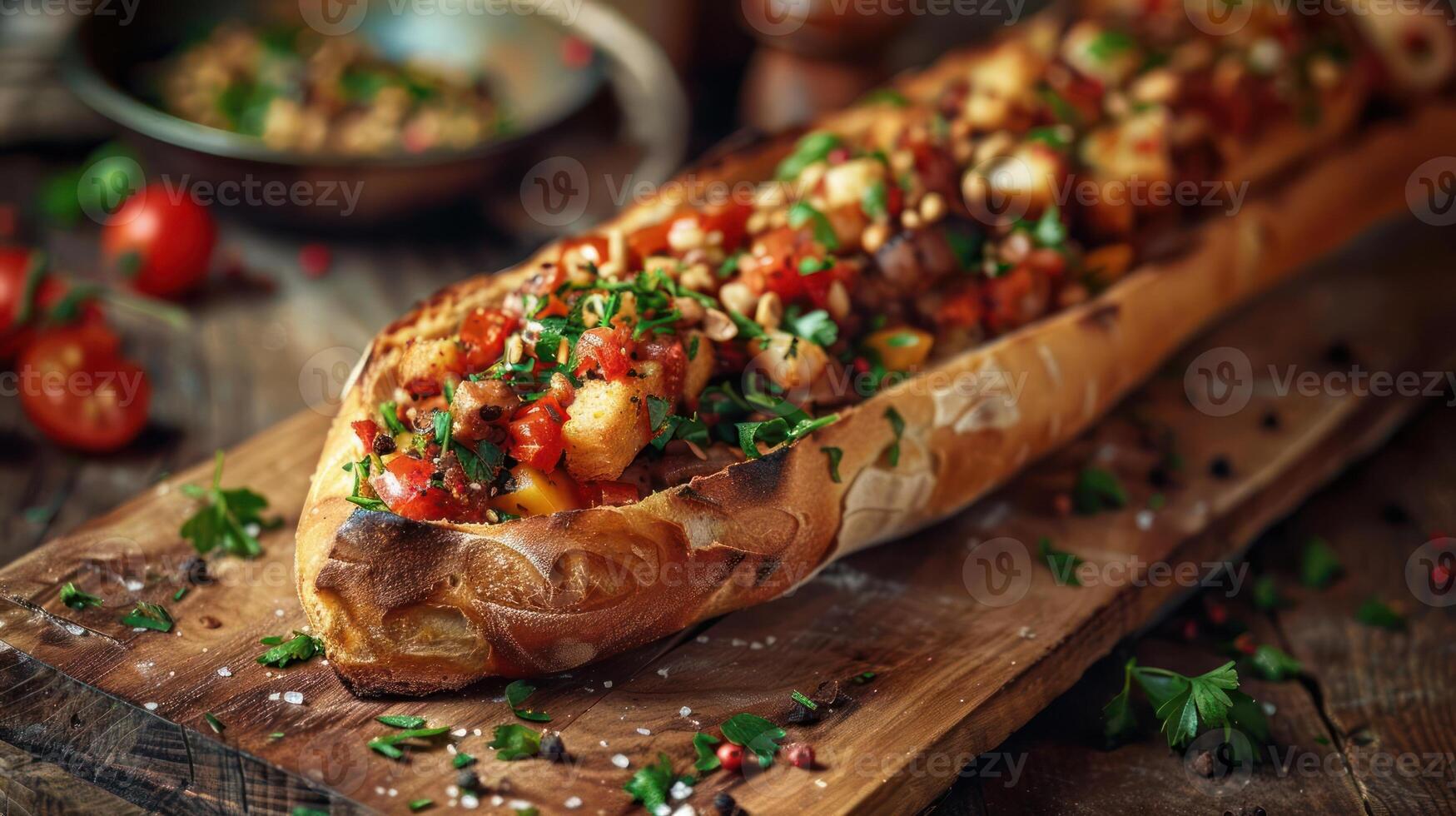 A tantalizingly arranged entree with a mouth-watering topping, displayed on a rustic wooden surface. photo