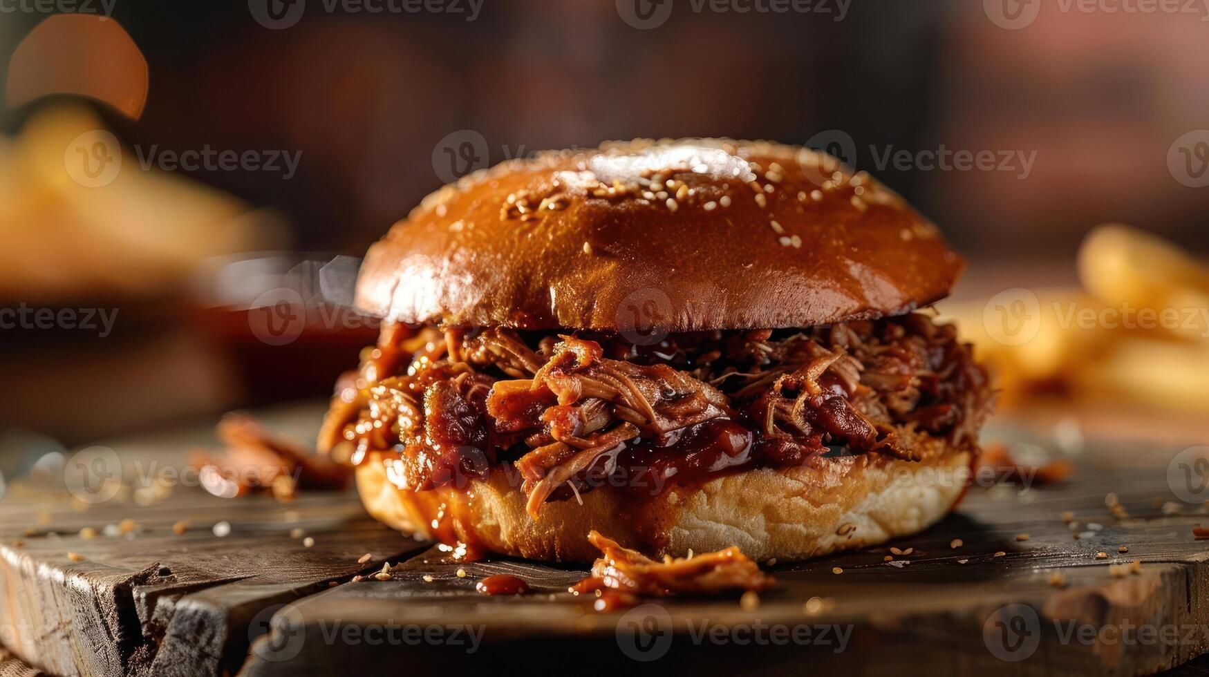 A tantalizing close-up of a barbecue pulled pork sandwich on a bun with honey mustard, photo