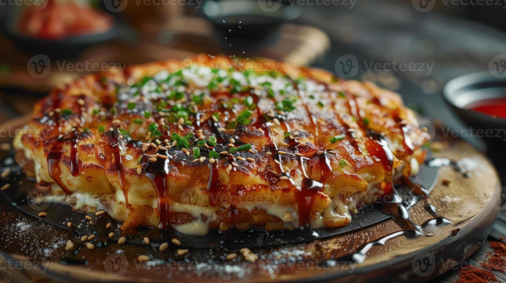 A pan of pizza upside down with sauce and toppings, ready for cooking or service. photo