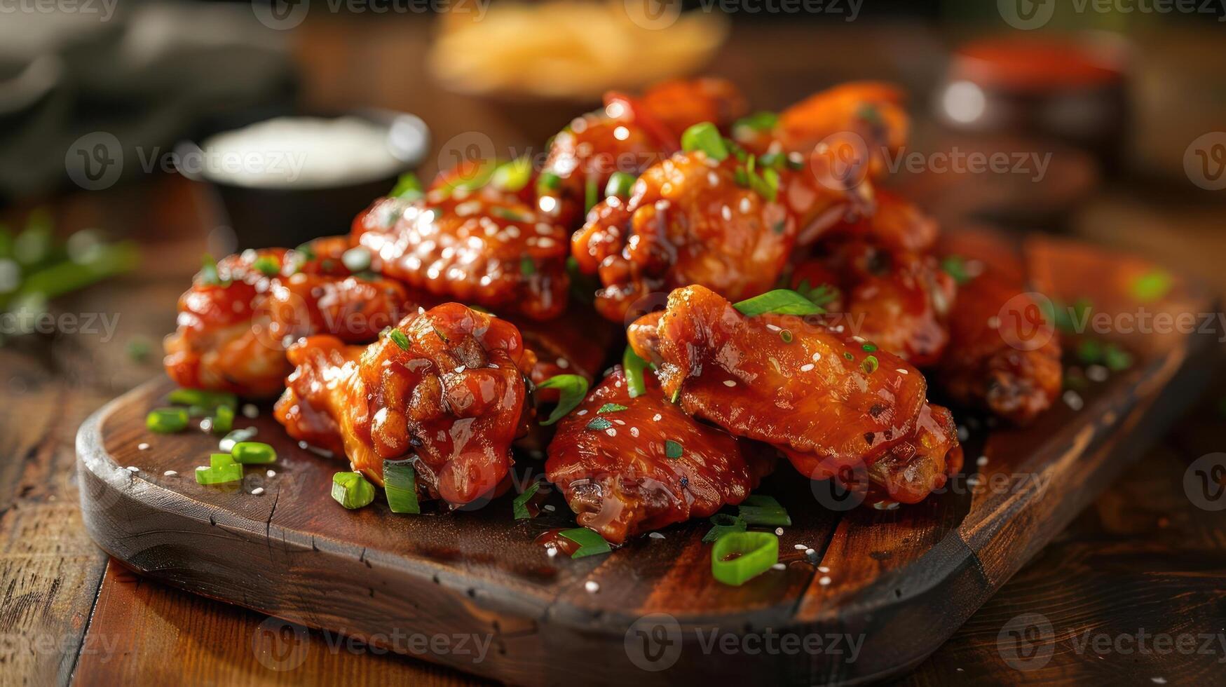 Delicious, golden brown chicken wings coated in sweet honey and tangy sesame sauce. photo