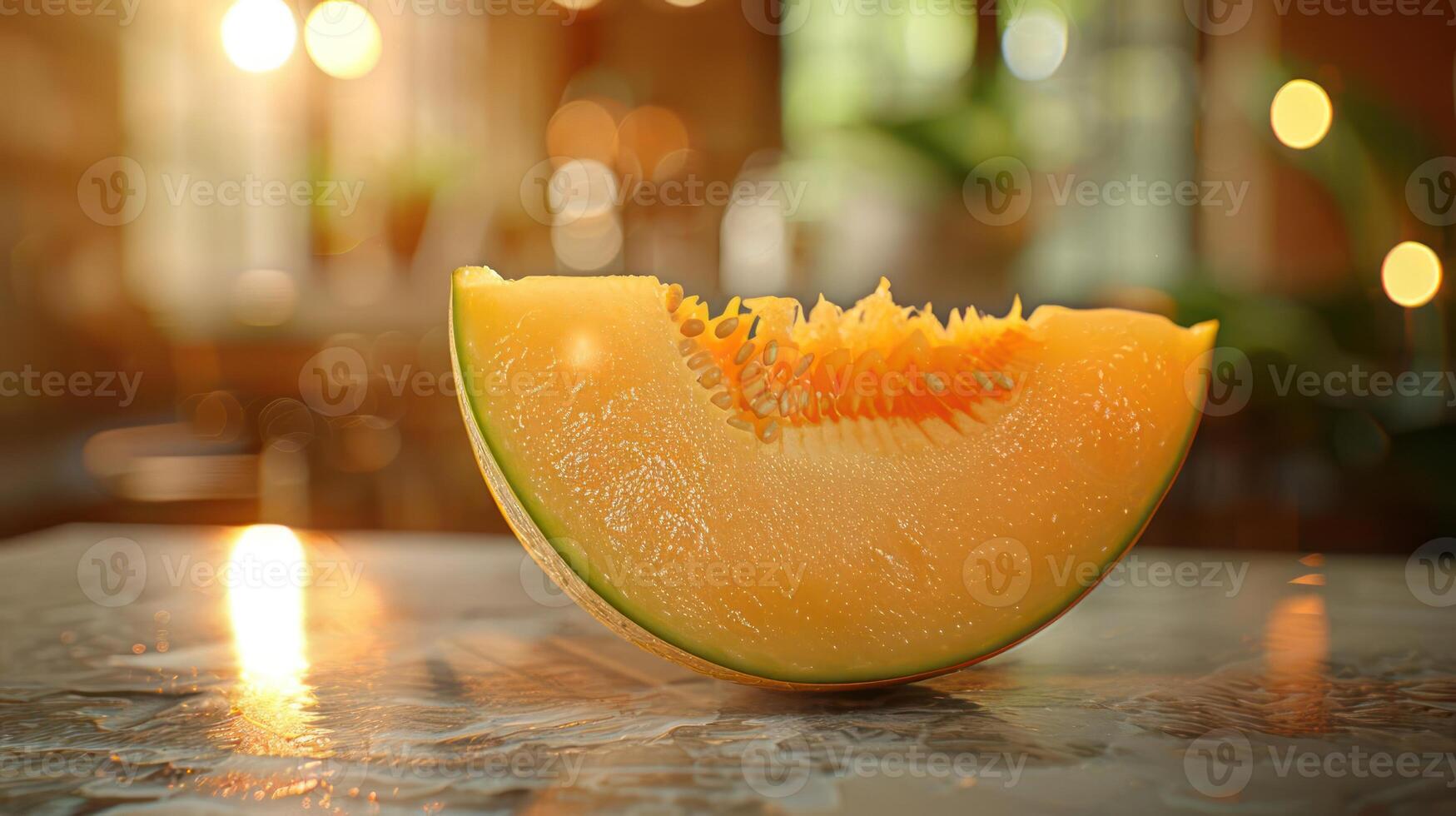 A vibrant half of a pomegranate garnished with powdered sugar, sitting on a wooden table. photo