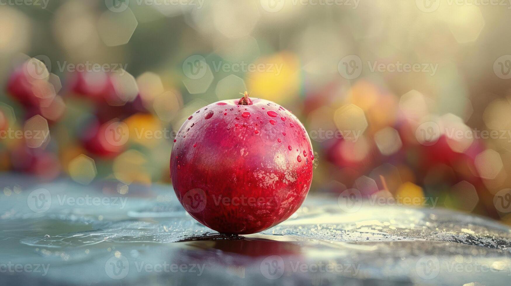 A close-up photograph of a red apple with water droplets on it, surrounded by autumn leaves, photo