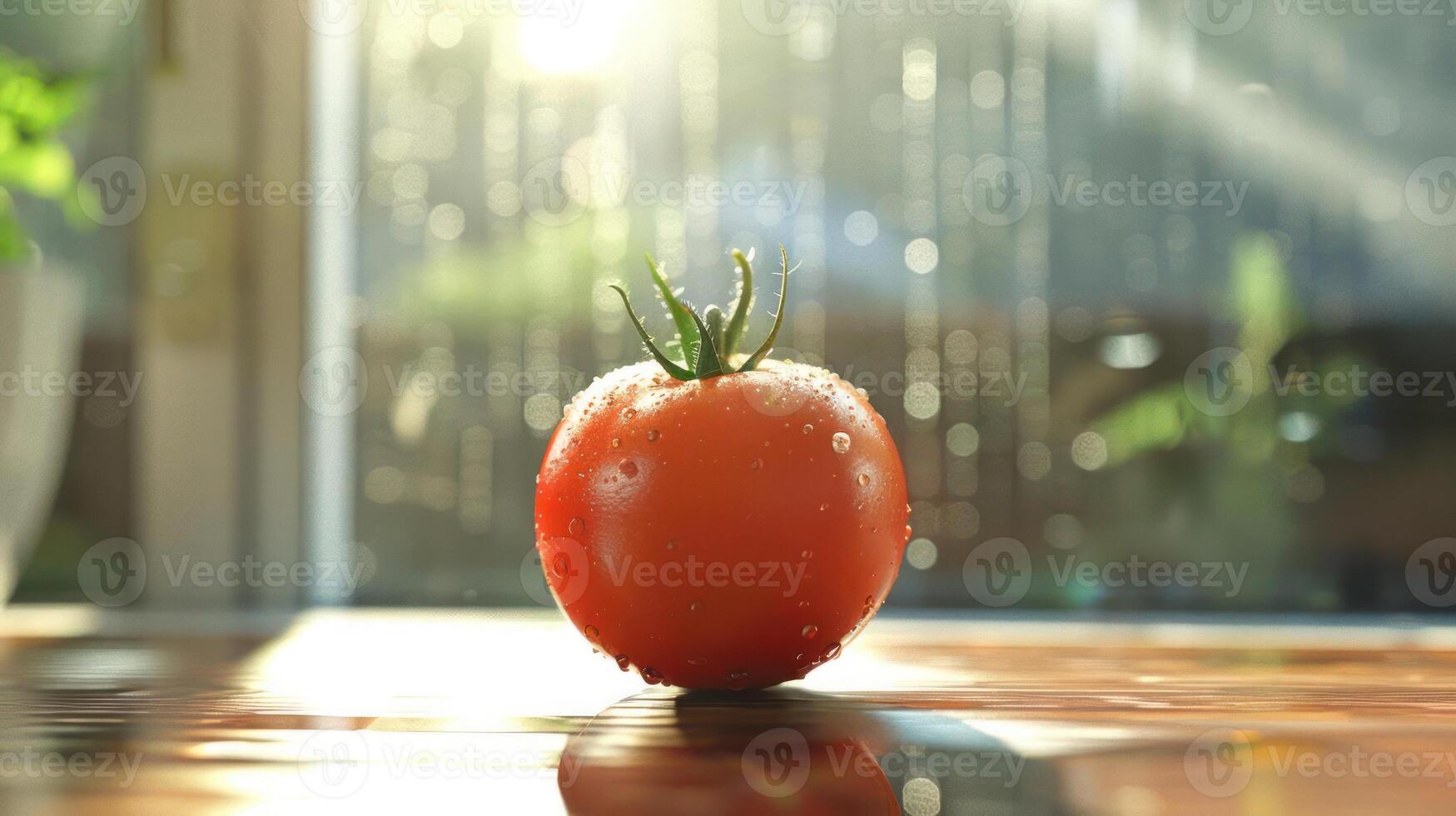 Fresh ripe tomato sits on windowsill, basking in the sunlight during daytime. photo